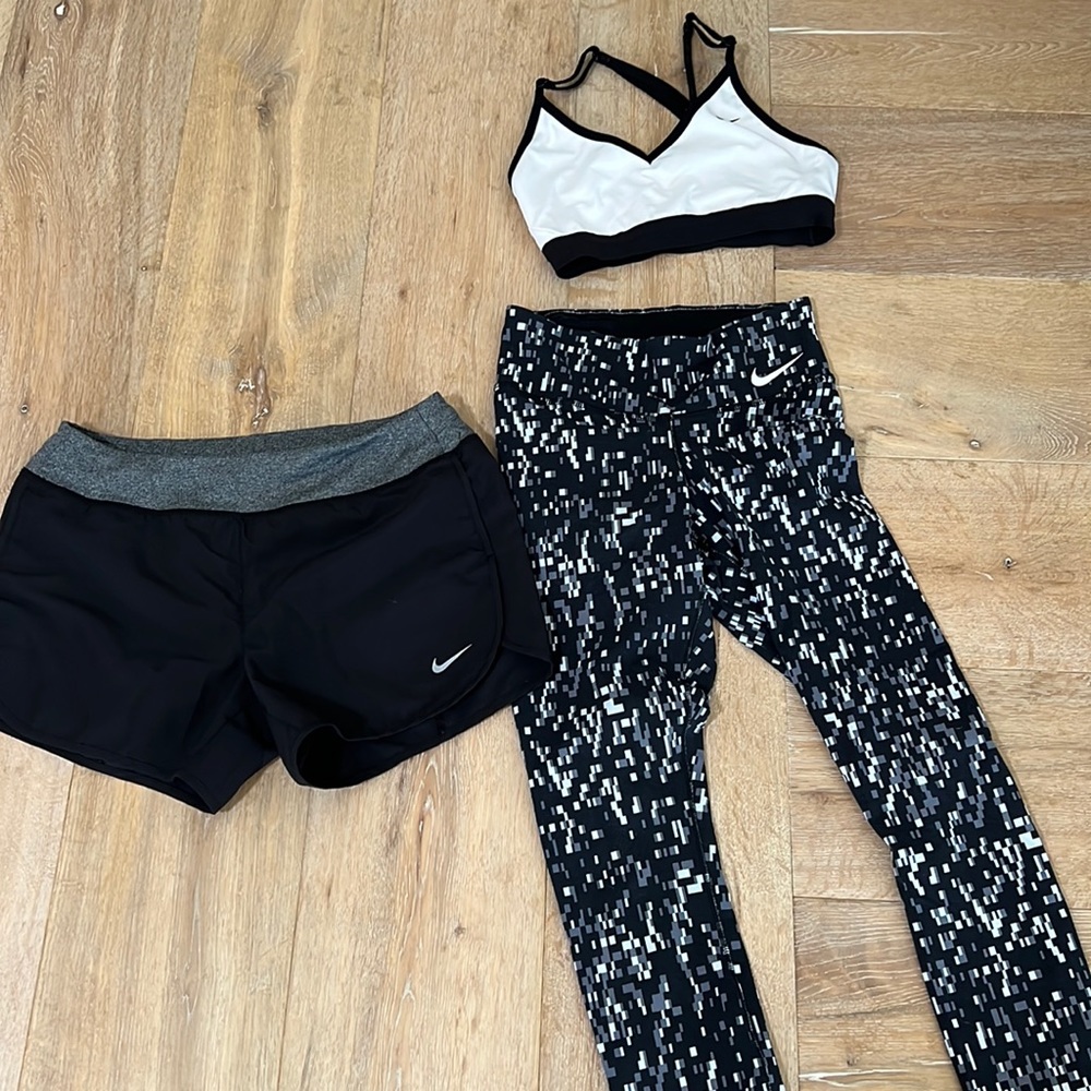 Nike athletic bra in size small, Nike leggings in size xs and Nike shorts large